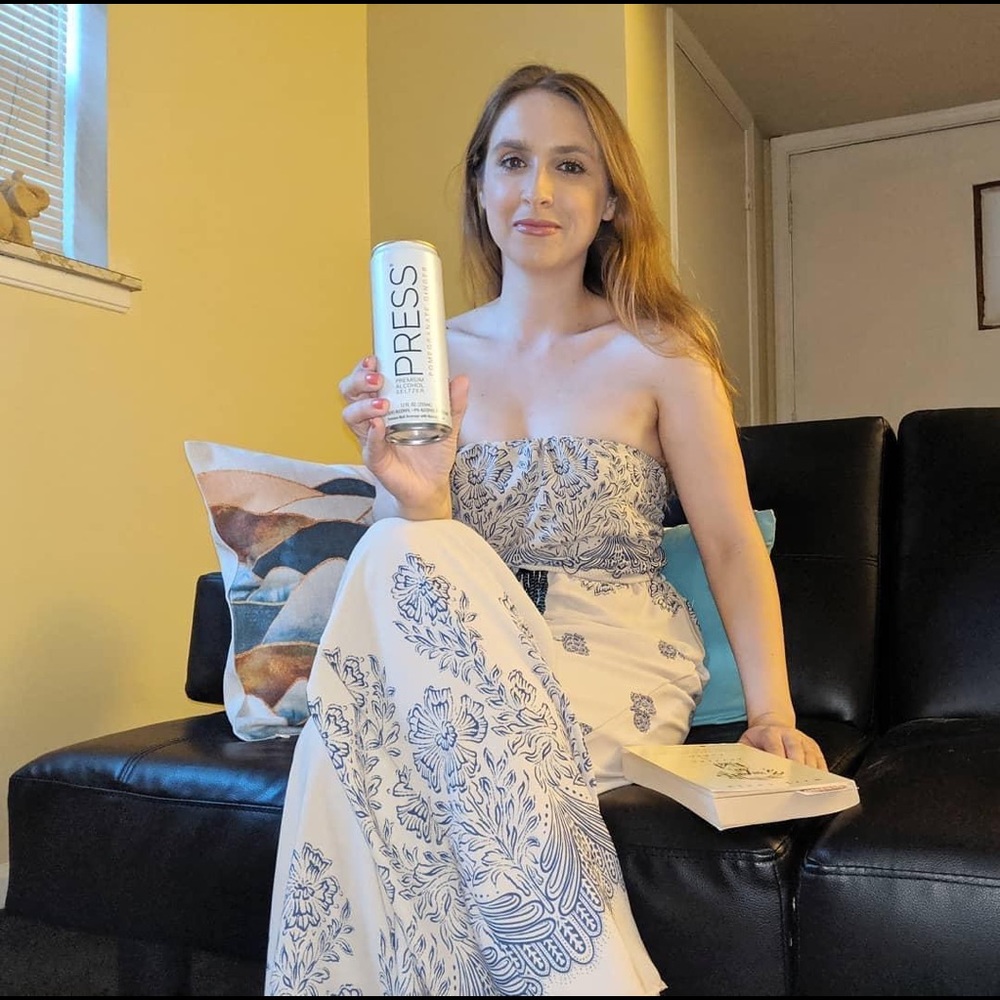 Meek strapless pantsuit in blue and cream medium